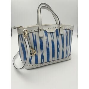 RARE Henri Bendel W 57th Ikat Satchel Tote Blue White & Bag Charm Coastal Chic